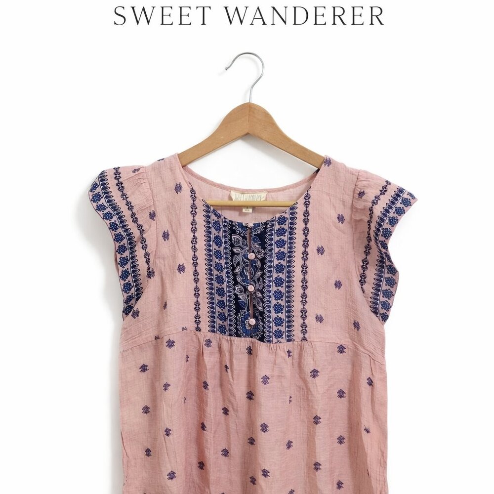 Sweet Wanderer Boho Peasant Top Medium Pink Blue Print Flowy Lightweight
